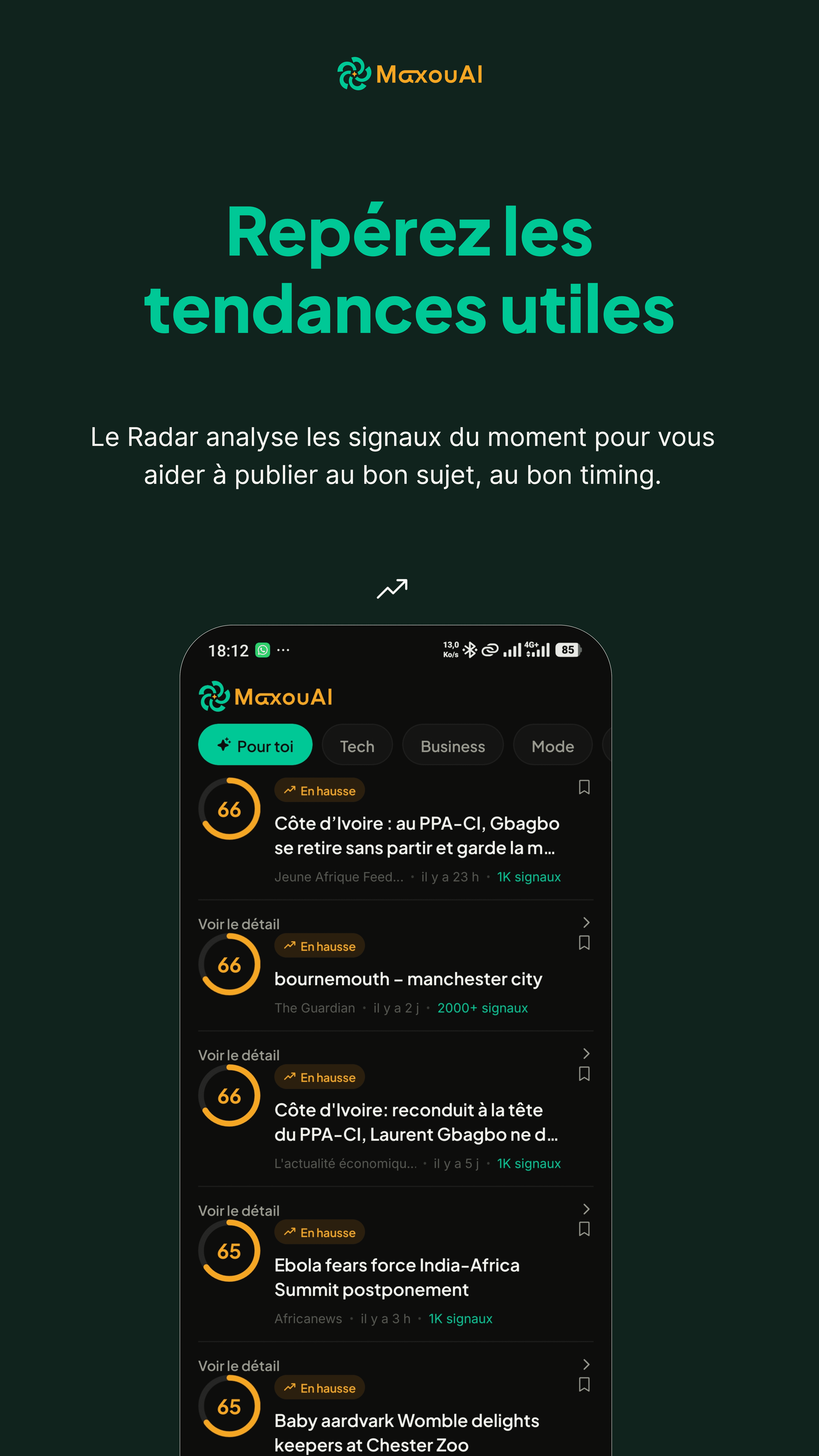 Radar de tendances Maxouai affichant les sujets qui montent